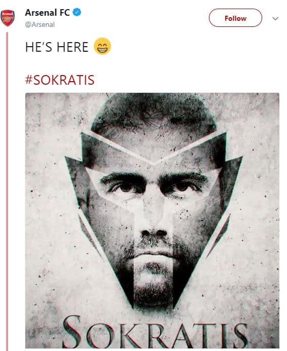 Arsenal fc arsenal follow he's here sokratis sokratis