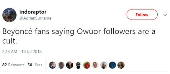 Indoraptor adriansurname follow beyoncé fans saying owuor followers are cult_ 2.