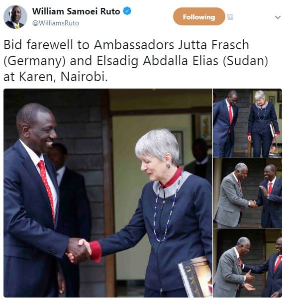 William samoei ruto williamsruto following bid farewell to ambassadors jutta fra