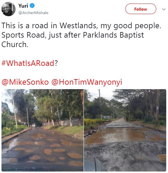 Yuri archermishale follow this is road in westlands, my good people. sports road