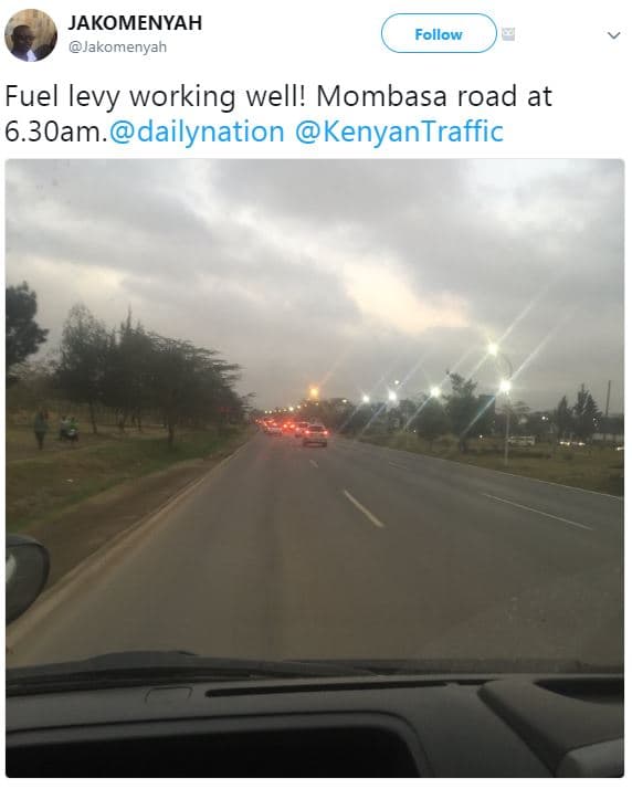 Jakomenyah jakomenyan follow fuel levy working well! mombasa road at 6.30am. 'da