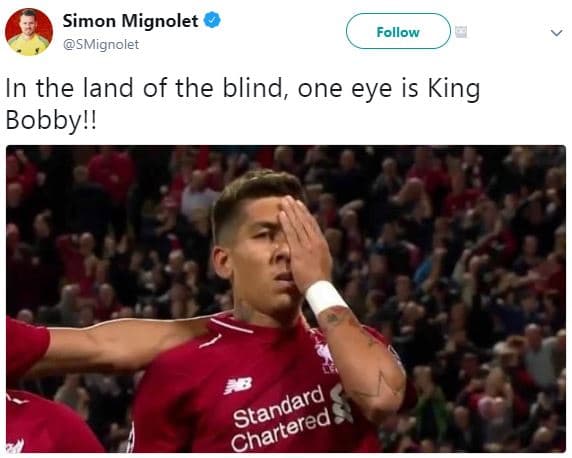 Simon mignolet smignolet follow in the land of the blind one eye is king bobby!!