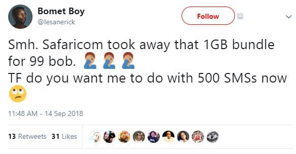 Bomet boy lesanerick follow smh. safaricom took away that 1gb bundle for 99 bob.