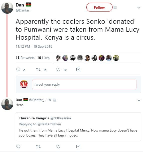 Dan danfar_ follow apparently the coolers sonko 'donated to pumwani were taken f