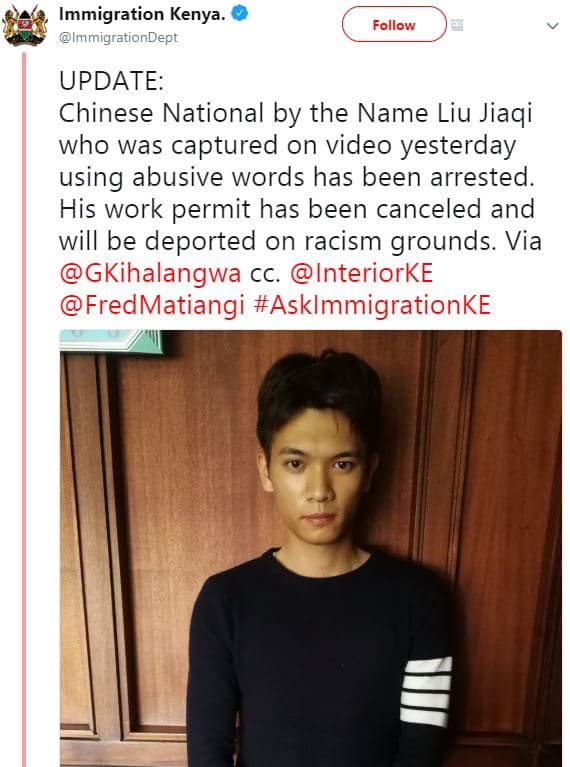 Immigration kenya. immigrationdept follow update chinese national by the name li