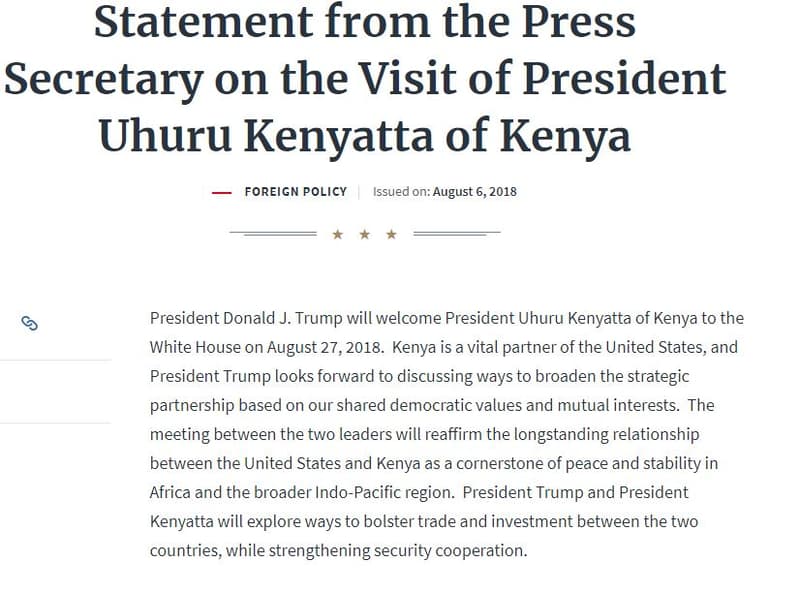 Statement from the press secretary on the visit of president uhuru kenyatta of k