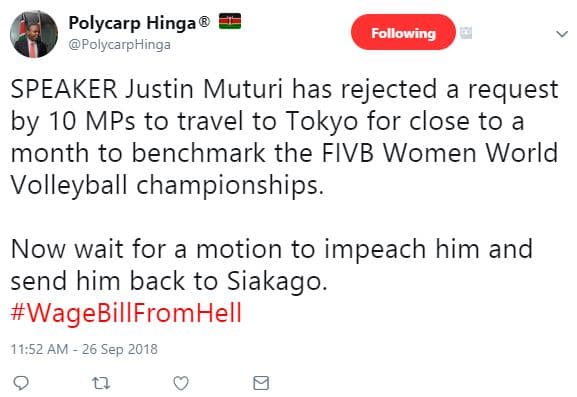 Polycarp hinga polycarphinga following speaker justin muturi has rejected a requ