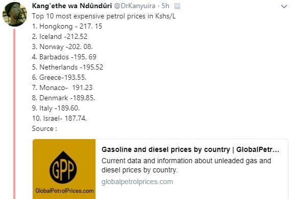 Kang'ethe wa ndunduri drkanyuira top 10 most expensive petro prices in kshsl hon
