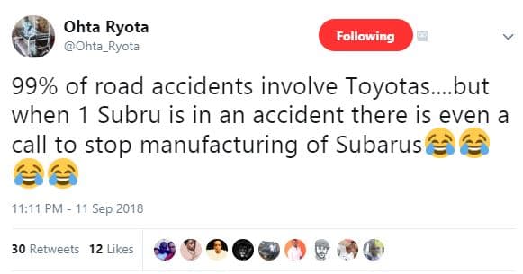 Ohta ryota ohta_ryota following 99 of road accidents involve toyotas. but when s