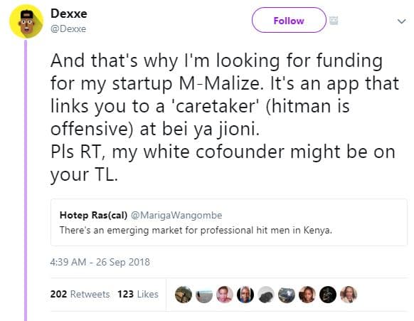 Dexxe dexxe follow and that's why i'm looking for funding for my startup mmalize