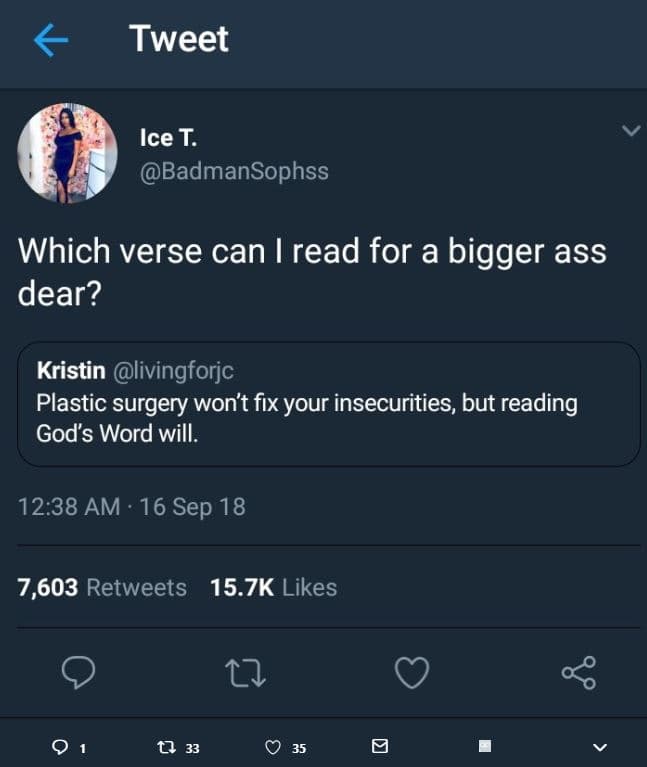 Tweet ice t. badmansophss which verse can read for a bigger ass dear? kristin li
