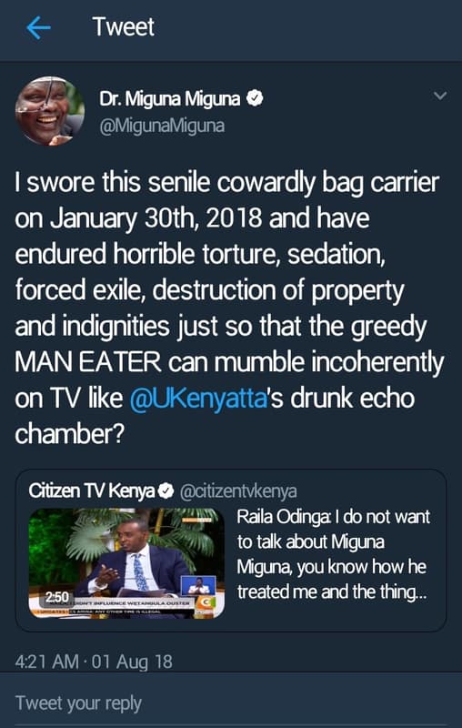 Tweet dr. miguna miguna migunamiguna swore this senile cowardly bag carrier on j