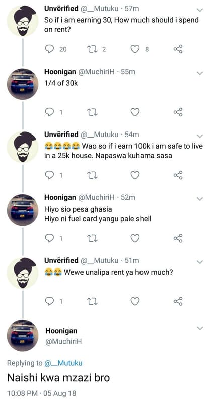 Unvãrified _mutuku 57m so if i am earning 30, how much should i spend on rent? 2