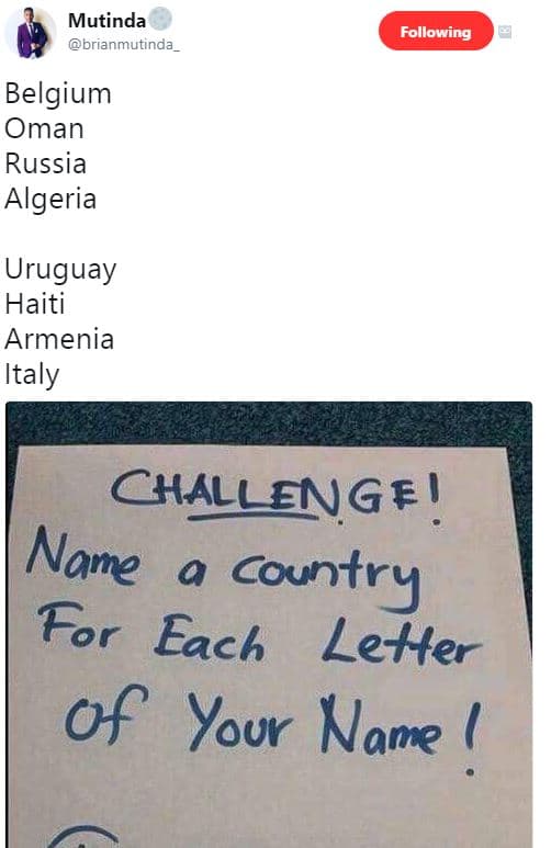 Mutinda brianmutinda following belgium oman russia algeria uruguay haiti armenia
