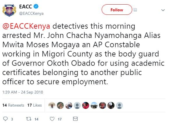 Eacc eacckenva follow eacckenya detectives this morning arrested mr. john chacha