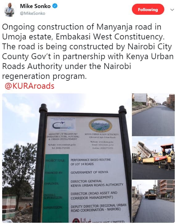 Mike sonko mikesonko following ongoing construction of manyanja road in umoja es