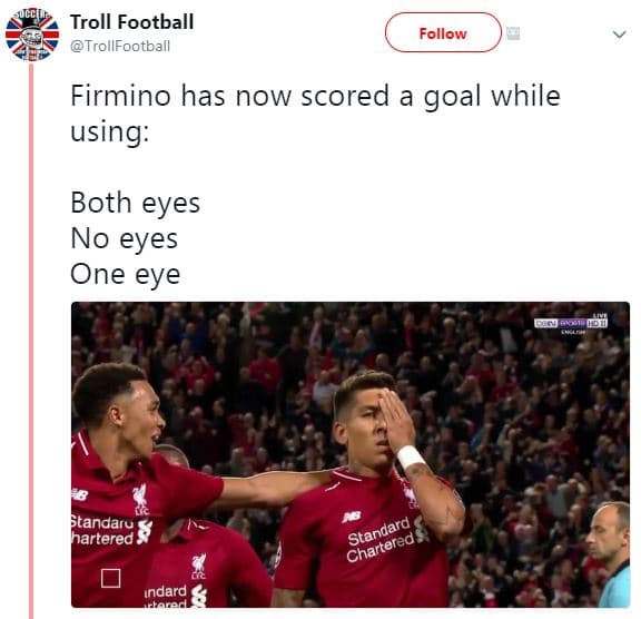 Troll football trollfootball follow firmino has now scored goal while using both