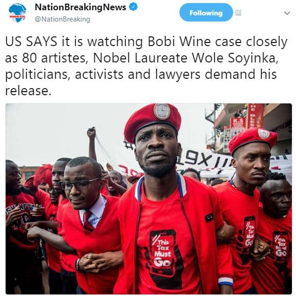 Nationbreakingnews nationbreaking following us says it is watching bobi wine cas