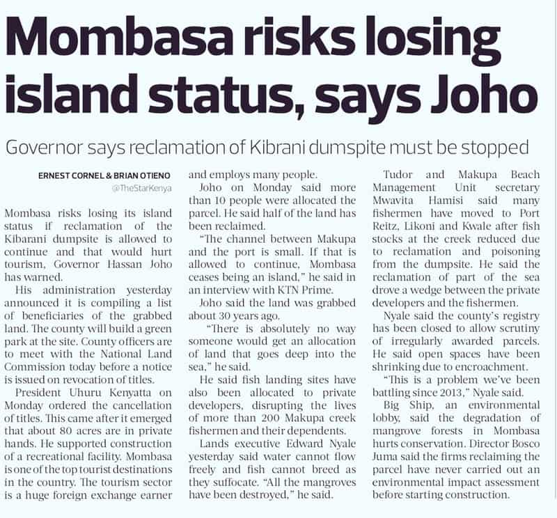 Mombasa riskslosing island status says joho governor says reclamation of kibrani