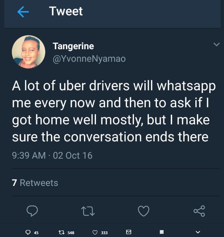 Tweet tangerine yvonnenyamao a lot of uber drivers will whatsapp me every now an