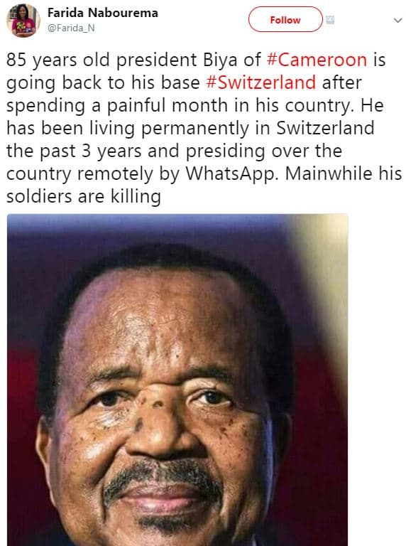 Farida nabourema farida_n follow 85 years old president biya of cameroon is goin