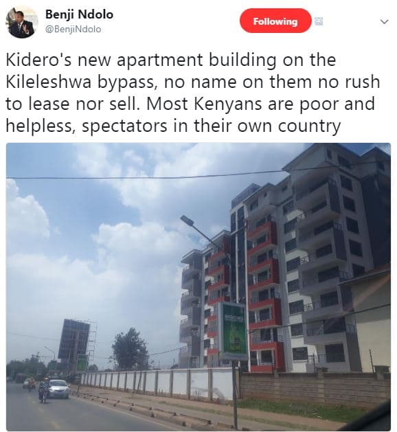 Benji ndolo benjindolo following kidero's new apartment building on the kilelesh