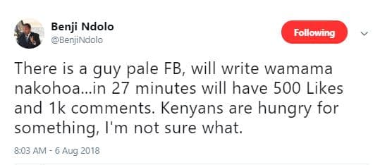 Benji ndolo benjindolo following there is a guy pale fb, will write wamama nakoh