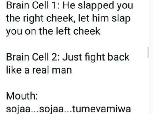 Brain cell 1 he slapped you the right cheek let him slap you on the left cheek b