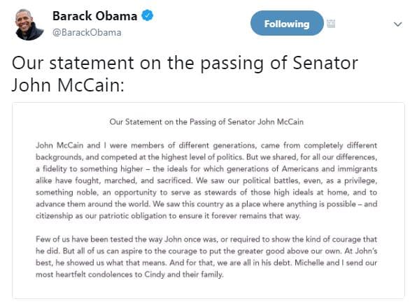 Barack obama barackobama following our statement on the passing of senator john
