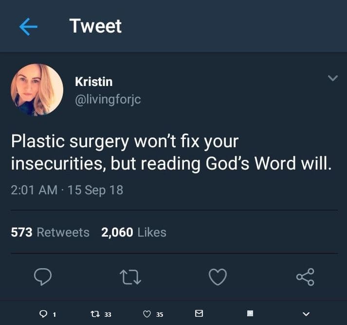 Tweet kristin livingforjc plastic surgery won't fix your insecurities but readin