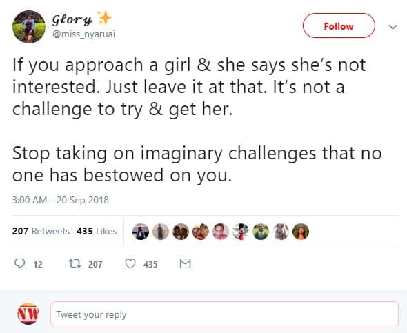 Glorv miss_nyaruai follow if you approach a girl she says she's not interested.