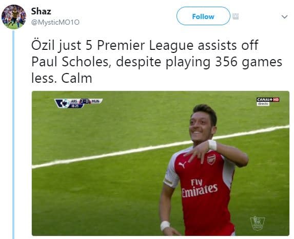 Shaz mysticmo1o follow özil just 5 premier league assists off paul scholes, desp