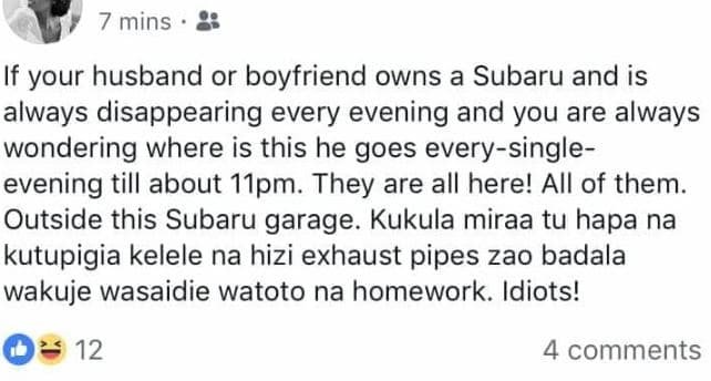 7 mins if your husband or boyfriend owns a subaru and is always disappearing eve