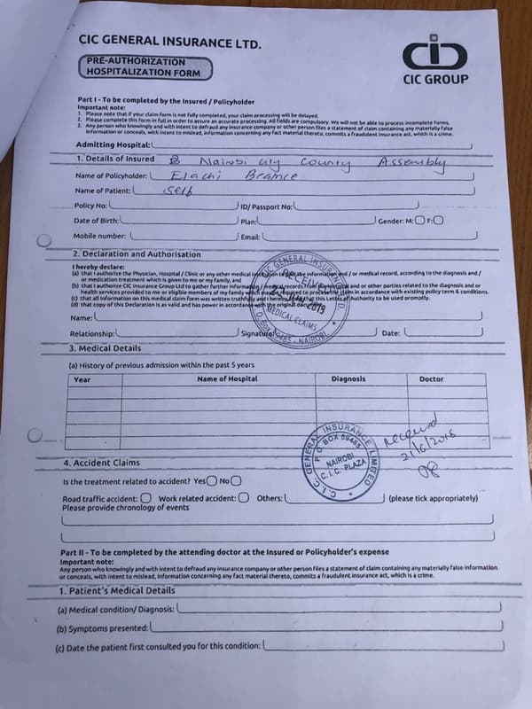 Cic general insurance ltd. preauthorization hospitalization form cic group part