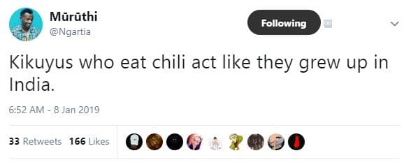 Mzruthi ngartia following kikuyus who eat chili act like they grew up in india.
