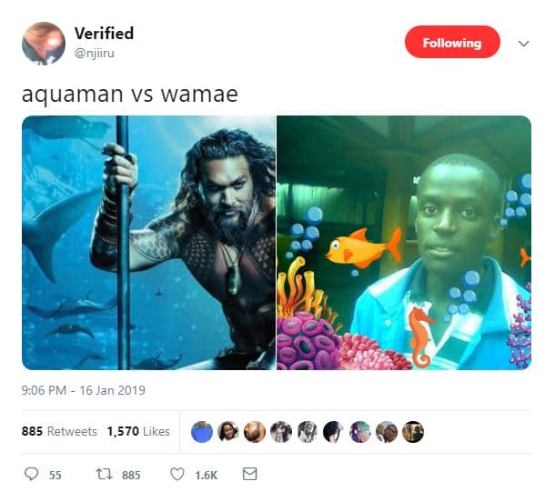 Verified njuru following aquaman vs wamae 9.06 pm 16 jan 885 retweets 1,570 like