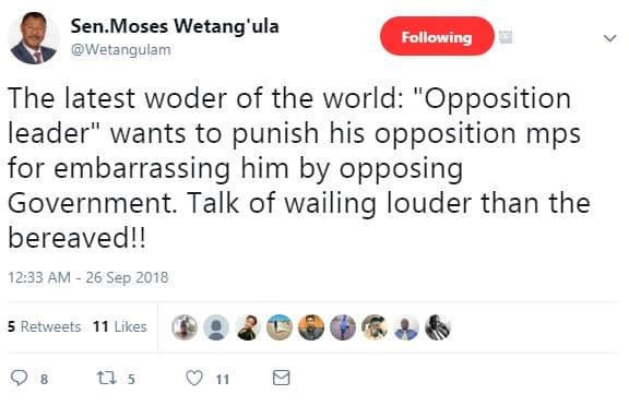 Sen.moses wetang'ula wetangulam following the latest woder of the world oppositi