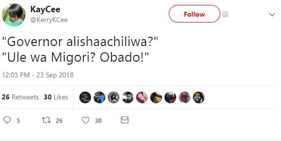 Kaycee kerrykcee follow governor alishaachiliwa? ule wa migori? obado!' 12.03 pm