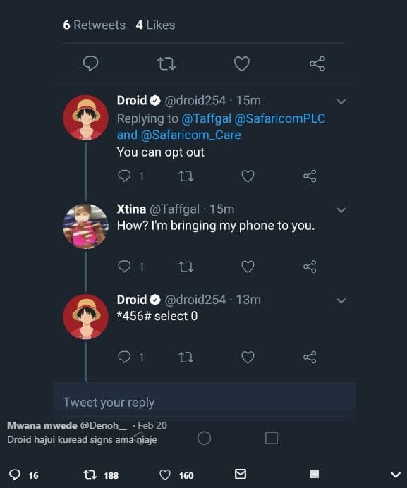 6 retweets 4 likes droid 0 droid254 . 15m replying to taffgal safaricomplc and s