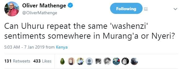 Oliver mathenge olivermathenge following can uhuru repeat the same washenzi' sen