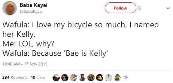 Baba kayai babakayai follow wafula love my bicycle so much, named her kelly. me