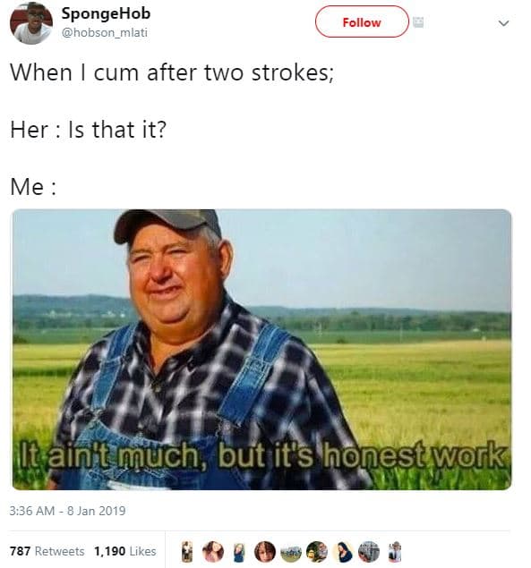 Spongehob hobson_mlati follow when cum after two strokes her is that it? me it a