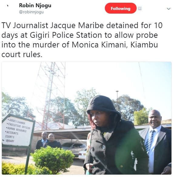 Robin njogu robinnjogu following tv journalist jacque maribe detained for 10 day