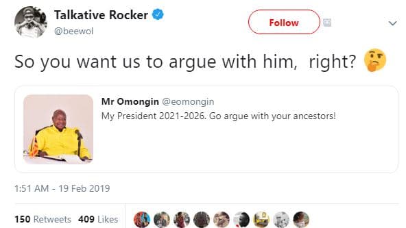 Talkative rocker beewol follow so you want us to argue with him right? mr omongi