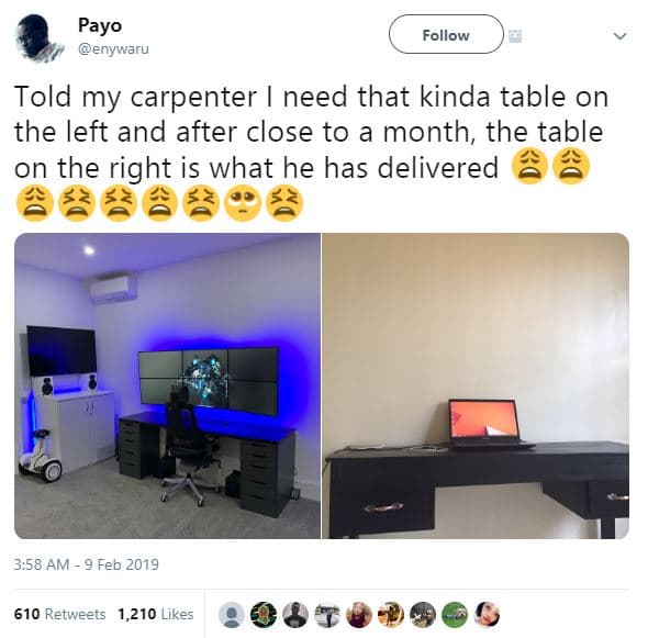 Payo enywaru follow told my carpenter need that kinda table on the left and afte