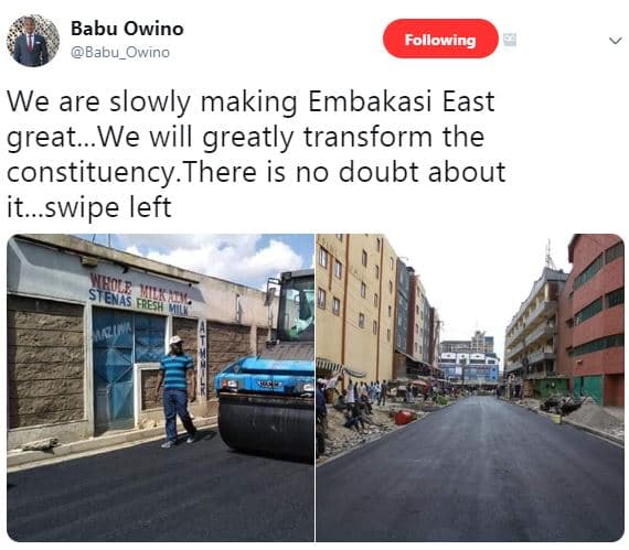 Babu owino babu_owino following we are slowly making embakasi east great_we will