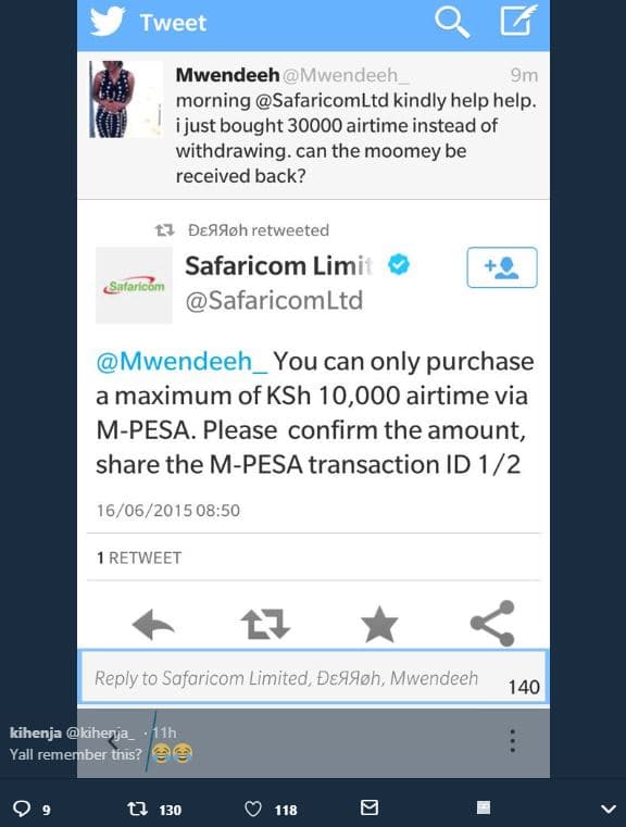 Tweet 0 g mwendeeh mwendeeh 9m morning safaricomltd kindly help help. ijust boug