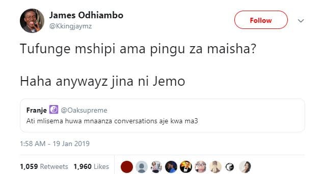 James odhiambo kkingjaymz follow tufunge mshipi ama pingu za maisha? haha anyway