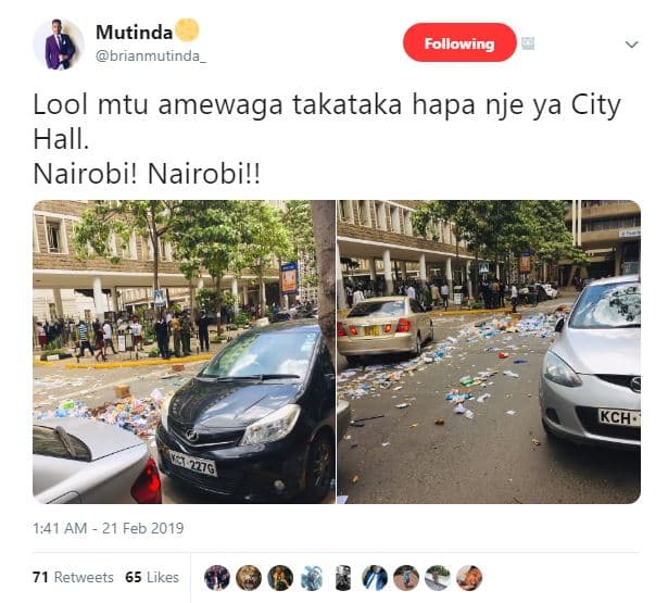 Mutinda brianmutinda following lool mtu amewaga takataka hapa nje ya city hall.