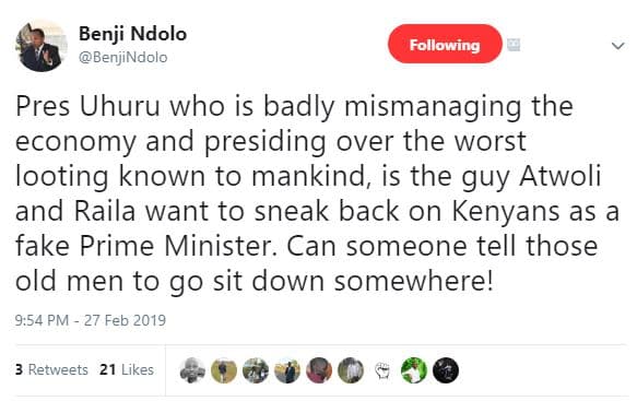 Benji ndolo benjindolo following pres uhuru who is badly mismanaging the economy